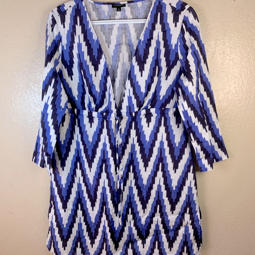Talbots Boho Linen Blue White Ikat Drawstring Waist Swim Coverup Size M